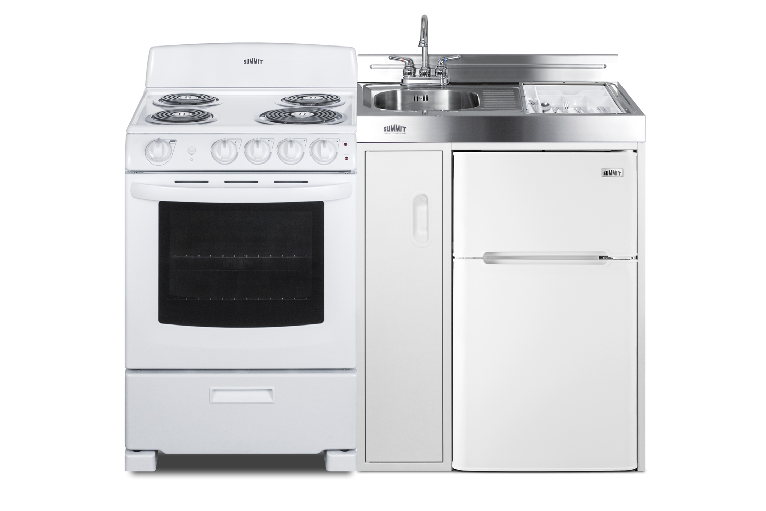 54 inch wide all-in-one kitchenette with 220V 4-element electric coil range, refrigerator-freezer, sink, cutting board and cutlery storage, and a storage cabinet